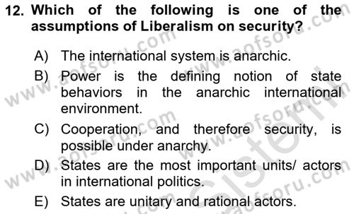 International Politics Dersi 2020 - 2021 Yılı Yaz Okulu Sınav Soruları 12. Soru