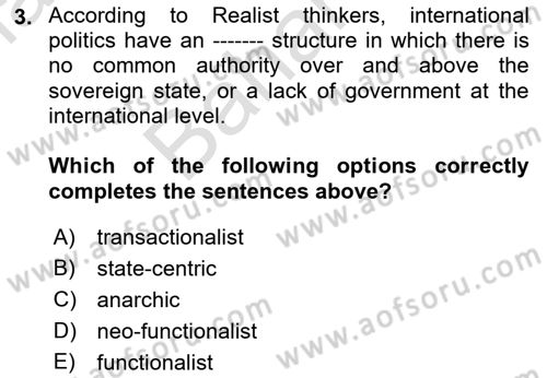 International Politics Dersi 2021 - 2022 Yılı (Final) Dönem Sonu Sınav Soruları 3. Soru