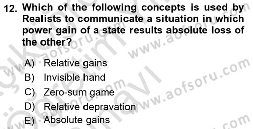 International Politics Dersi 2021 - 2022 Yılı Yaz Okulu Sınav Soruları 12. Soru