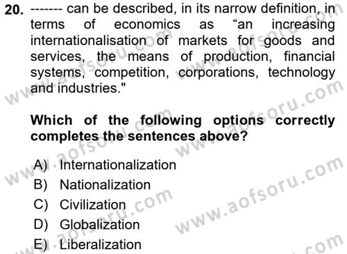 International Politics Dersi 2021 - 2022 Yılı Yaz Okulu Sınav Soruları 20. Soru