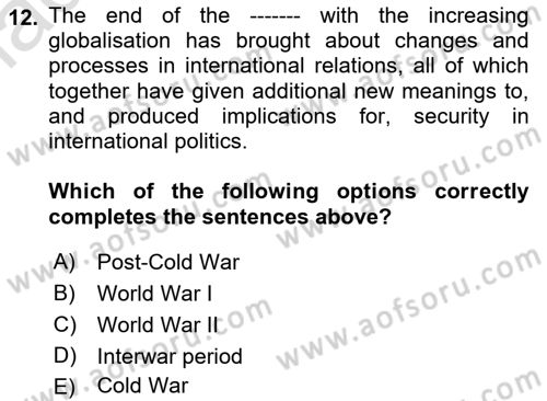 International Politics Dersi 2022 - 2023 Yılı Yaz Okulu Sınav Soruları 12. Soru