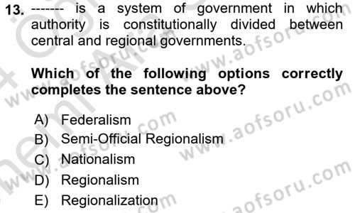International Politics Dersi 2023 - 2024 Yılı (Vize) Ara Sınav Soruları 13. Soru