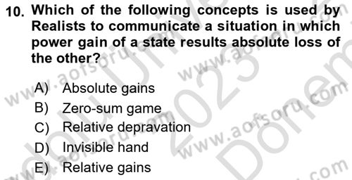 International Politics Dersi 2023 - 2024 Yılı (Final) Dönem Sonu Sınav Soruları 10. Soru