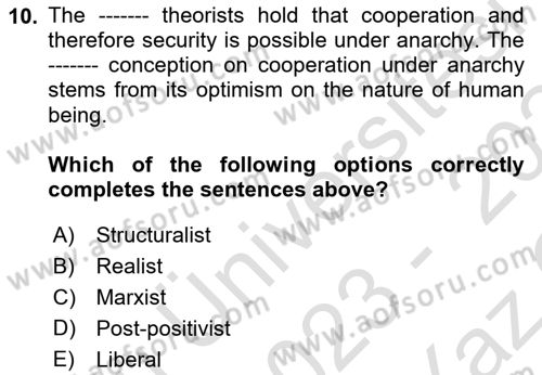 International Politics Dersi 2023 - 2024 Yılı Yaz Okulu Sınav Soruları 10. Soru