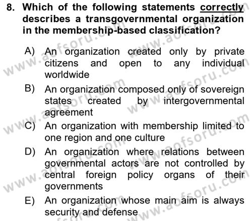 International Politics Dersi 2025 - 2026 Yılı (Vize) Ara Sınav Soruları 8. Soru
