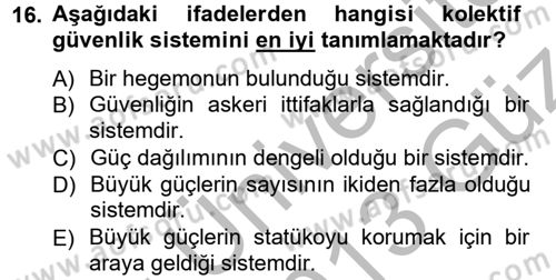 Uluslararası Politika 1 Dersi Ara Sınavı Deneme Sınav Soruları 16. Soru