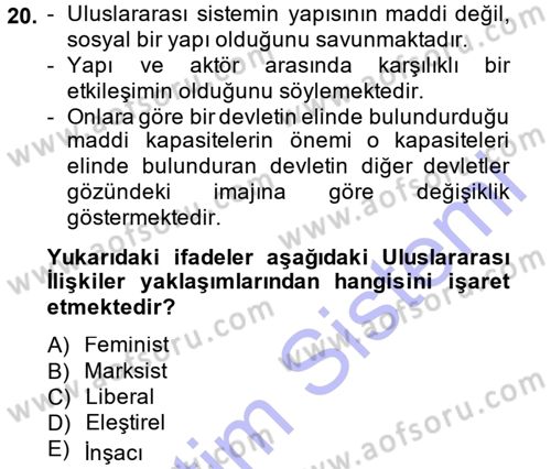 Uluslararası Politika 1 Dersi Ara Sınavı Deneme Sınav Soruları 20. Soru