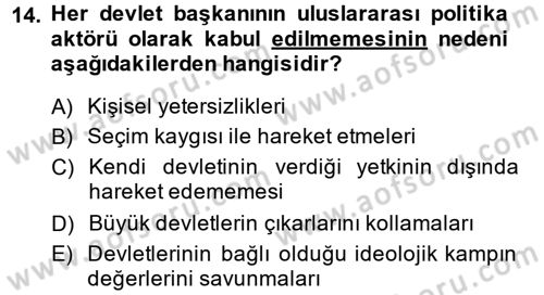Uluslararası Politika 1 Dersi 2014 - 2015 Yılı (Vize) Ara Sınavı 14. Soru