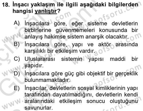 Uluslararası Politika 1 Dersi Ara Sınavı Deneme Sınav Soruları 18. Soru