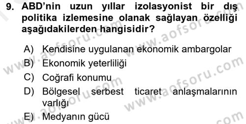 Uluslararası Politika 1 Dersi 2016 - 2017 Yılı (Final) Dönem Sonu Sınav Soruları 9. Soru