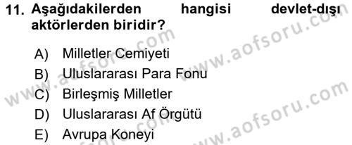 Uluslararası Politika 1 Dersi Ara Sınavı Deneme Sınav Soruları 11. Soru