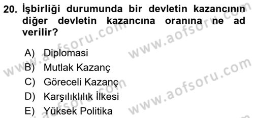 Uluslararası Politika 1 Dersi 2018 - 2019 Yılı (Vize) Ara Sınavı 20. Soru