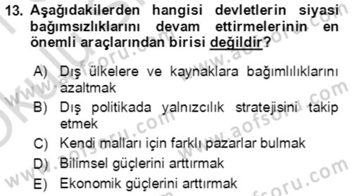 Uluslararası Politika 1 Dersi 2020 - 2021 Yılı Yaz Okulu Sınavı 13. Soru