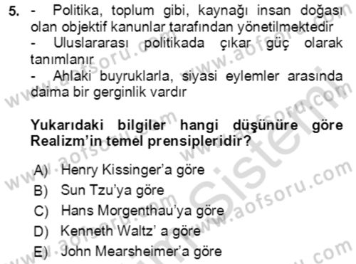 Uluslararası Politika 1 Dersi 2020 - 2021 Yılı Yaz Okulu Sınav Soruları 5. Soru
