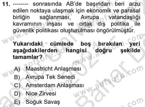 Uluslararası Politika 1 Dersi 2021 - 2022 Yılı (Vize) Ara Sınavı 11. Soru