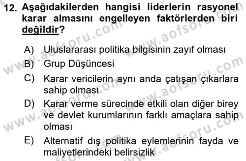Uluslararası Politika 1 Dersi 2021 - 2022 Yılı (Final) Dönem Sonu Sınav Soruları 12. Soru