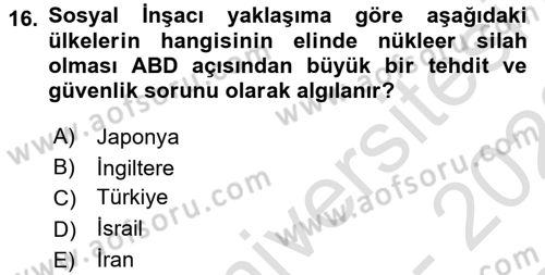 Uluslararası Politika 1 Dersi 2022 - 2023 Yılı (Final) Dönem Sonu Sınav Soruları 16. Soru