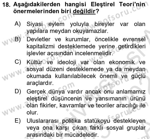 Uluslararası Politika 1 Dersi 2023 - 2024 Yılı (Vize) Ara Sınav Soruları 18. Soru