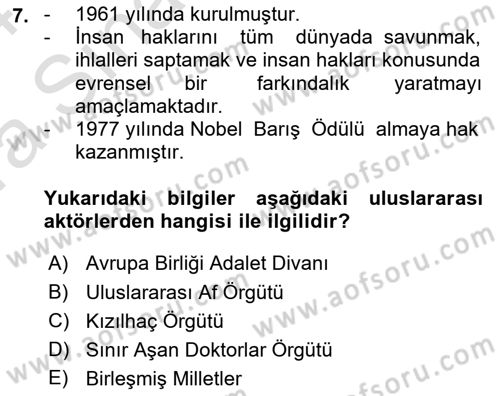 Uluslararası Politika 1 Dersi 2023 - 2024 Yılı (Vize) Ara Sınav Soruları 7. Soru