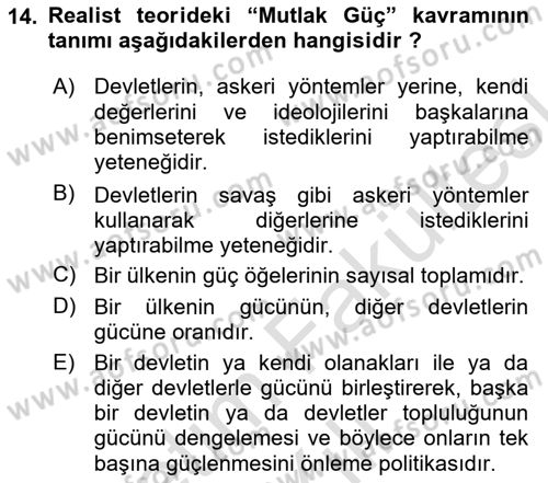 Uluslararası Politika 1 Dersi 2025 - 2026 Yılı (Vize) Ara Sınav Soruları 14. Soru