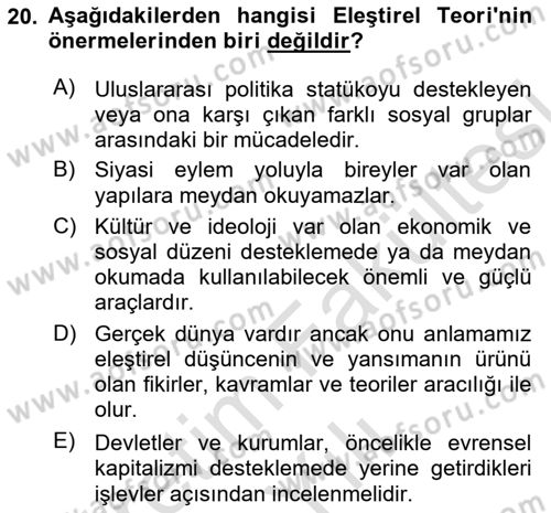 Uluslararası Politika 1 Dersi 2025 - 2026 Yılı (Vize) Ara Sınav Soruları 20. Soru