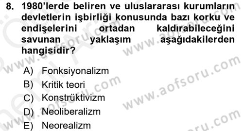 Uluslararası Politika 2 Dersi 2017 - 2018 Yılı (Vize) Ara Sınavı 8. Soru