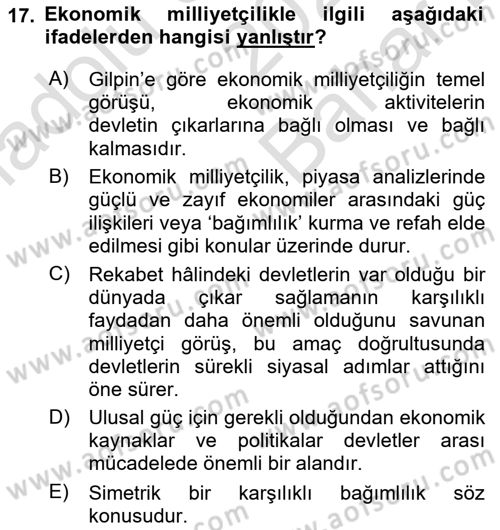 Uluslararası Politika 2 Dersi 2024 - 2025 Yılı (Vize) Ara Sınav Soruları 17. Soru