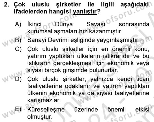 Uluslararası Politika 2 Dersi 2024 - 2025 Yılı (Final) Dönem Sonu Sınav Soruları 2. Soru
