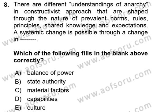 Theories Of International Relations 2 Dersi 2018 - 2019 Yılı (Vize) Ara Sınavı 8. Soru