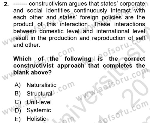 Theories Of International Relations 2 Dersi 2021 - 2022 Yılı (Final) Dönem Sonu Sınav Soruları 2. Soru