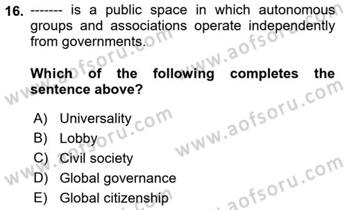 International Organization And Global Governance Dersi 2022 - 2023 Yılı (Final) Dönem Sonu Sınav Soruları 16. Soru