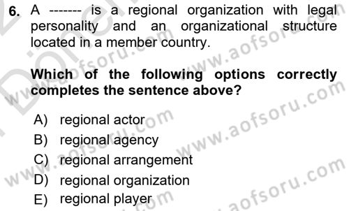 Regional Organizations Dersi 2021 - 2022 Yılı (Final) Dönem Sonu Sınav Soruları 6. Soru