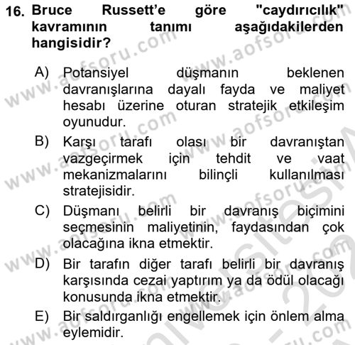 Strateji ve Güvenlik Dersi 2023 - 2024 Yılı (Vize) Ara Sınav Soruları 16. Soru
