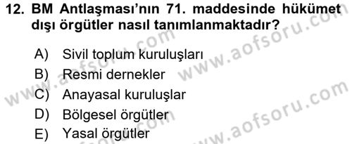 Uluslararası Örgütler Dersi 2017 - 2018 Yılı 3 Ders Sınav Soruları 12. Soru