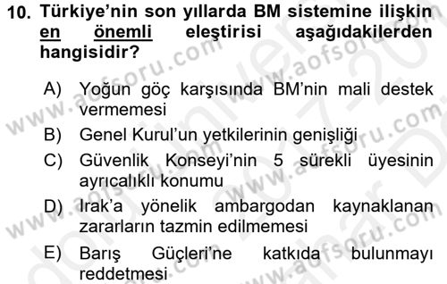 Uluslararası Örgütler Dersi 2017 - 2018 Yılı (Vize) Ara Sınavı 10. Soru