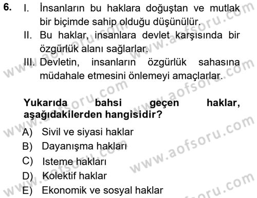 İnsan Hakları ve Demokratikleşme Süreci Dersi 2012 - 2013 Yılı (Vize) Ara Sınav Soruları 6. Soru