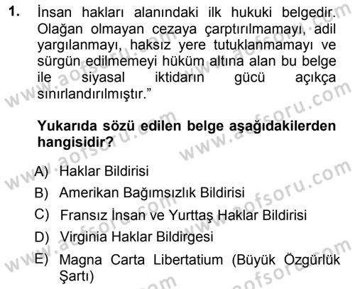 İnsan Hakları ve Demokratikleşme Süreci Dersi 2012 - 2013 Yılı (Final) Dönem Sonu Sınav Soruları 1. Soru