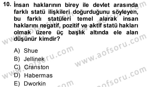 İnsan Hakları ve Demokratikleşme Süreci Dersi 2013 - 2014 Yılı (Vize) Ara Sınav Soruları 10. Soru