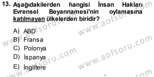 İnsan Hakları ve Demokratikleşme Süreci Dersi 2013 - 2014 Yılı (Vize) Ara Sınav Soruları 13. Soru