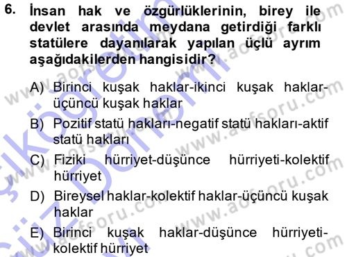 İnsan Hakları ve Demokratikleşme Süreci Dersi 2014 - 2015 Yılı (Vize) Ara Sınav Soruları 6. Soru