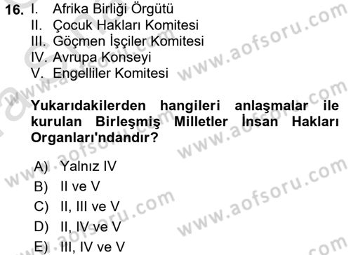 İnsan Hakları ve Demokratikleşme Süreci Dersi 2017 - 2018 Yılı (Vize) Ara Sınav Soruları 16. Soru