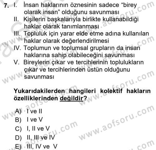 İnsan Hakları ve Demokratikleşme Süreci Dersi 2017 - 2018 Yılı (Vize) Ara Sınav Soruları 7. Soru