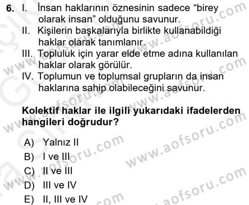 İnsan Hakları ve Demokratikleşme Süreci Dersi Ara Sınavı Deneme Sınav Soruları 6. Soru