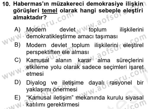 İnsan Hakları ve Demokratikleşme Süreci Dersi 2018 - 2019 Yılı (Final) Dönem Sonu Sınav Soruları 10. Soru