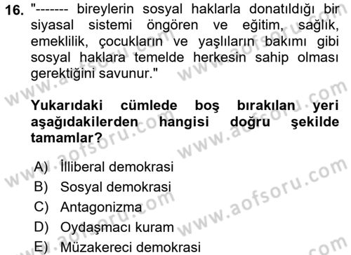 İnsan Hakları ve Demokratikleşme Süreci Dersi 2018 - 2019 Yılı (Final) Dönem Sonu Sınav Soruları 16. Soru