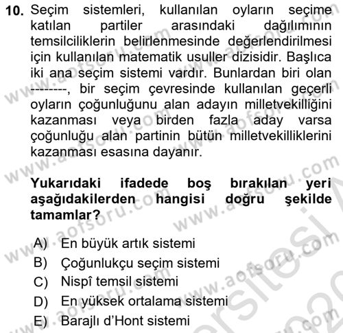 İnsan Hakları ve Demokratikleşme Süreci Dersi 2019 - 2020 Yılı (Final) Dönem Sonu Sınav Soruları 10. Soru