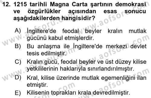 İnsan Hakları ve Demokratikleşme Süreci Dersi 2019 - 2020 Yılı (Final) Dönem Sonu Sınav Soruları 12. Soru