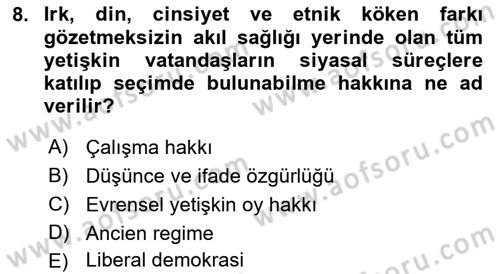 İnsan Hakları ve Demokratikleşme Süreci Dersi 2019 - 2020 Yılı (Final) Dönem Sonu Sınav Soruları 8. Soru
