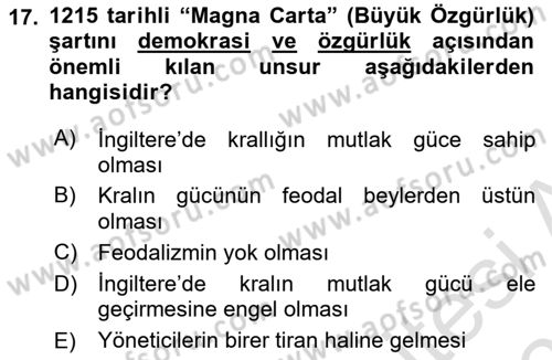 İnsan Hakları ve Demokratikleşme Süreci Dersi 2020 - 2021 Yılı Yaz Okulu Sınav Soruları 17. Soru