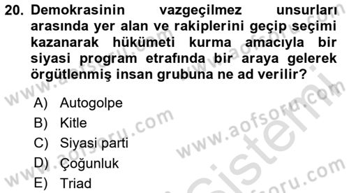 İnsan Hakları ve Demokratikleşme Süreci Dersi 2020 - 2021 Yılı Yaz Okulu Sınav Soruları 20. Soru